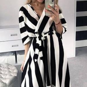 Black/ White Striped Maxi Dress with tie waist